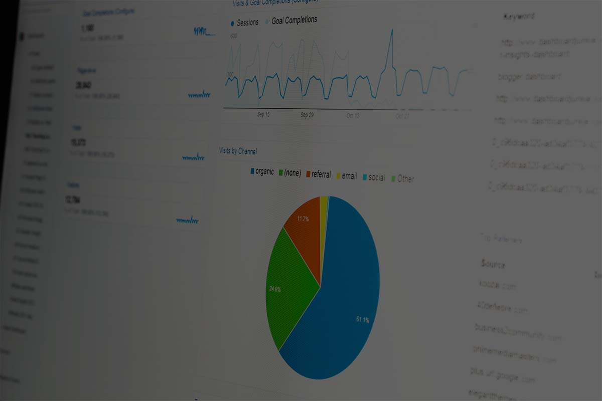 Close-up of computer monitor with web analytics data and pie chart displaying usage statistics from website.